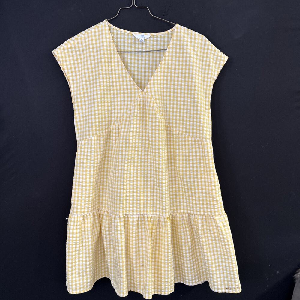 Gingham Pastel Yellow Ruffle Tiered Tunic Mini Dress Size Medium Sleeveless Cute